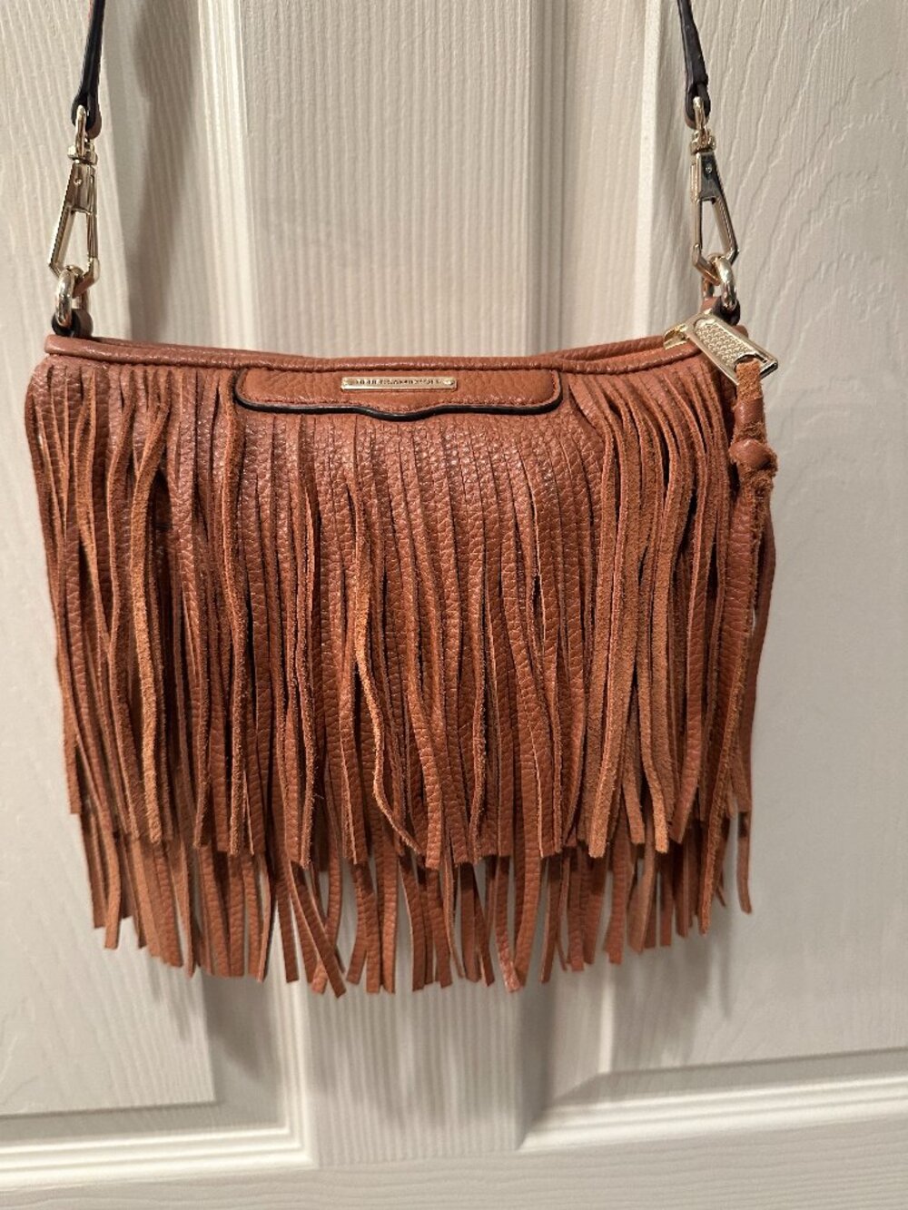 Rebecca Minkoff Cognac Pebbled Leather Fringe Crossbody Shoulder Bag